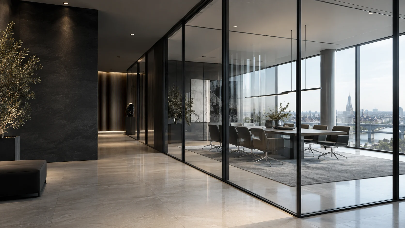 Architekturvisualisierung: moderne Glastrennwand in einem lichtdurchfluteten Besprechungsraum